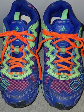 adidas Women's Trail Sneakers in Blue with Neon Green and Orange Laces